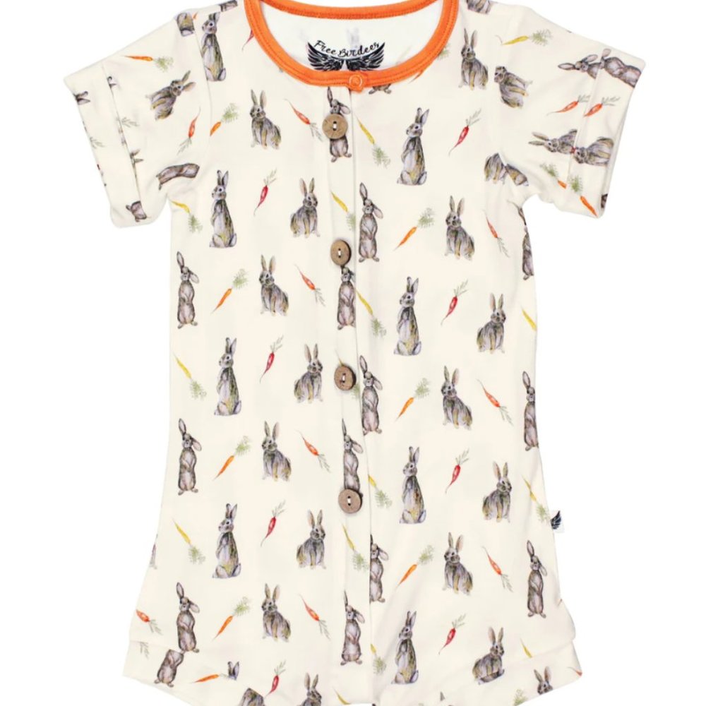 FREE BIRDIES BUNNIES & CARROT PATCH SHORT 2-WAY ZIPPY ROMPER FAUX BUTTONS 3-6m